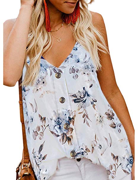 Weilim Women's Casual V Neck Button Down Strappy Tank Tops Loose Casual Sleeveless Shirts Blouses