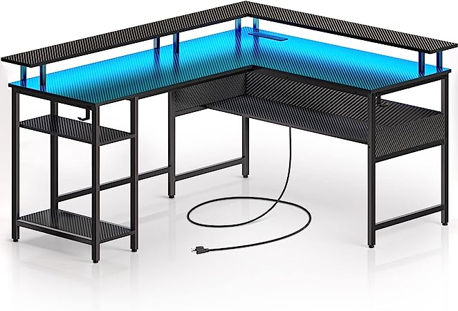 Rolanstar Computer Desk 59'' with LED Lights and Power Outlets, Carbon Fiber Surface,  Reversible L Shaped Gaming Desk with Monitor Stand, Office Desk with Storage, 59 inch desk with USB Port and Hook