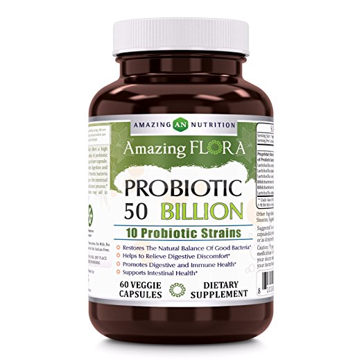 Amazing Flora Probiotic 50 Billion With 10 Best Probiotics Strains Including Acidophilus, plantarum, rhamnosus etc * Supports Digestive & Immune Health * 60 Veggie Capsules