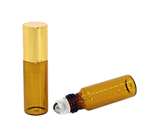 25 Pcs 5ML Amber Glass Roller Bottles Refillable Aromatherapy Perfume Essential Oil Roll On Bottle Container Vials Jars Tube with Metal Ball, Gold Cap