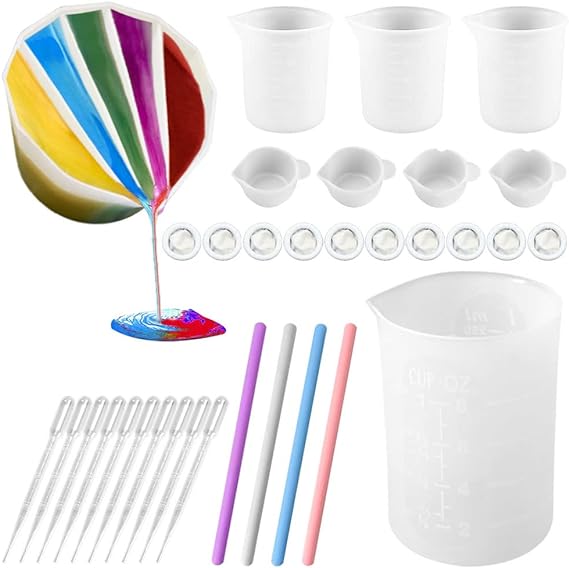 Measuring Cups Resin Kit, FineGood 1 x 250ML, 3 x 100ML Silicone Measuring Cups, 5-Cavity Split Cup, 4 Stirring Sticks, 4 Mini Resin Mixing Cups, 10 Pipettes & Finger Cots