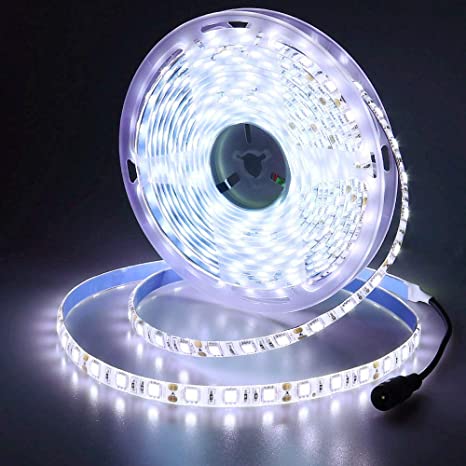 JOYLIT 12V LED Strip Light 16.4ft 6500K Daylight White, 300LEDs 5050 SMD IP65 Waterproof Flexible Dimmable Strip Tape Light for Bedroom Under Cabinet