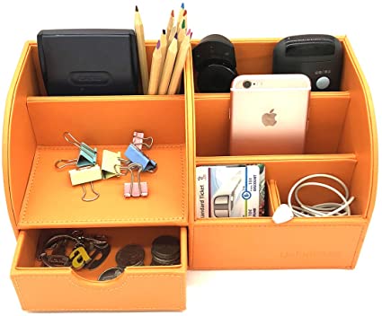 UnionBasic Office Desk Organizer - Multifunctional PU Leather Desktop Storage Box - Business Card/Pen/Pencil/Mobile Phone/Stationery Holder (Orange)