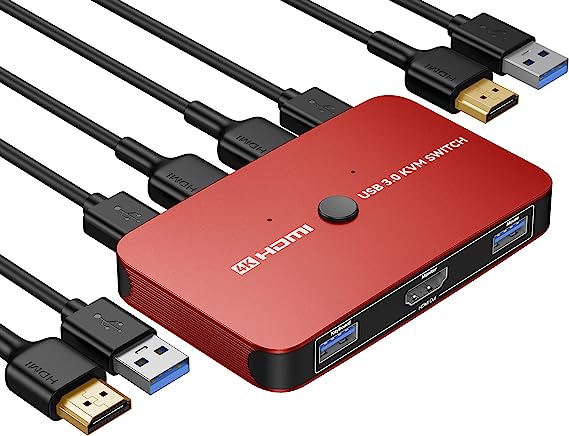 ABLEWE KVM Switch, Aluminum KVM Switch HDMI,USB Switch for 2 Computers Sharing Mouse Keyboard Printer to One HD Monitor, Support 4K@60Hz,2 HDMI Cables and 2 USB Cables Included (Red)