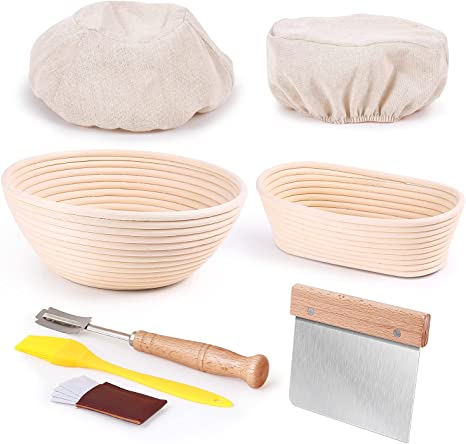 Banneton Proofing Baskets, Ohuhu Bread Basket Kit, 2 Sets Premium Indonesian Rattan Sourdough Proofing Basket, 9 Inch Round & 9.8 Inch Oval Bread Making Supplies with Bread Lame, 2 Linen Liner, Dough Scraper, Brush, 4 Blades