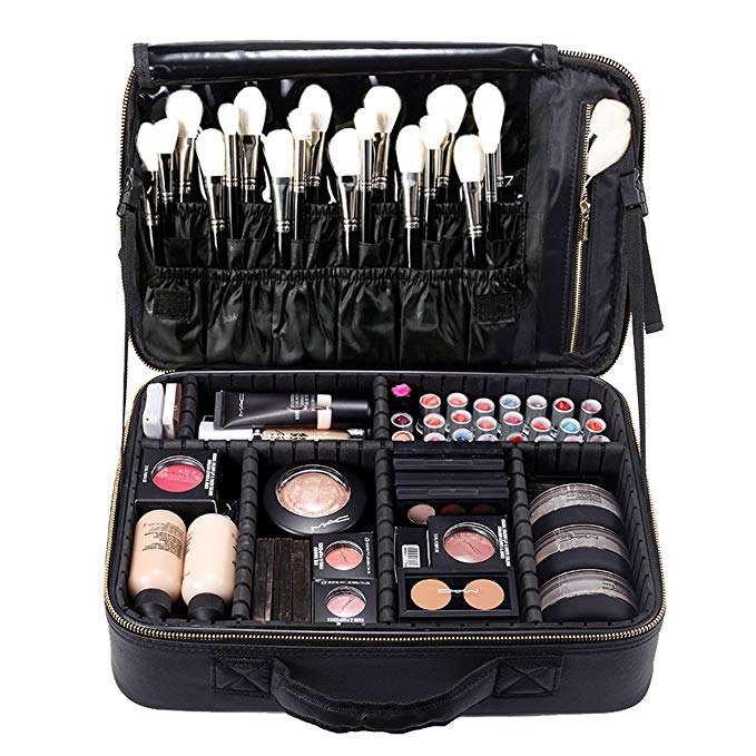 Travel Makeup Bag Cosmetic Makeup Train Case Artist Makeup Organizer Professional Portable Storage Bag for Women Girl Waterproof EVA Adjustable Dividers 16.1" Large Black