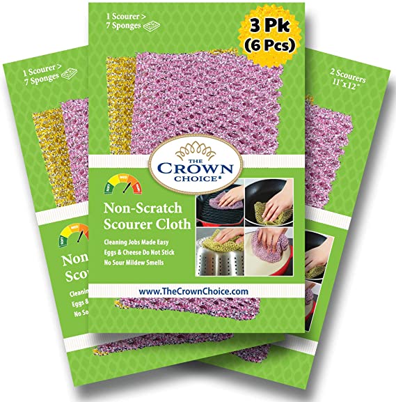 The Crown Choice Non Scratch Heavy Duty Scou Ring Pad or Pot Scrubber Pads (3 Pks of 2 for Scou – Kitchen Dishwashing Cleaning Nylon Mesh Scrubbing Handled Scrub Pads Cloth Outlast Any Sponges