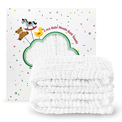 Umiin Set of 2 Baby Bath Towels Muslin Baby Blankets, Swaddle Blankets for Newborn Infant Girls Boys Toddlers, 41.5 x 41.5 inches, White
