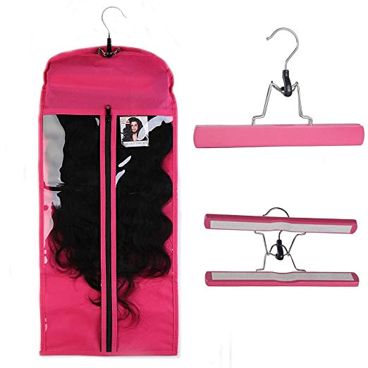 Portable Hair Extensions Carrier Holder Non-woven Dust-proof Suitcase Storage Bag with Wooden Hanger for Human Hair (Rose Red)