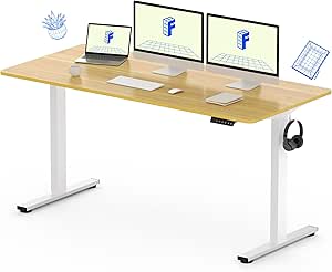 FLEXISPOT EN1 One-Piece Standing Desk, 60x24 Inches Large Electric Height Adjustable Desk, Sit Stand up Desk for Home Office (White Frame   Maple Desktop, 2 Packages)