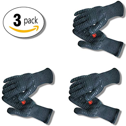 Grill Accessories Gloves 3-Pack Gift Set: Premium Insulated & Silicone Lined Aramid Fiber for Cooking, BBQ, Grilling & Baking - Professional Indoor Outdoor Kitchen & Oven Accessories (Black One Size)