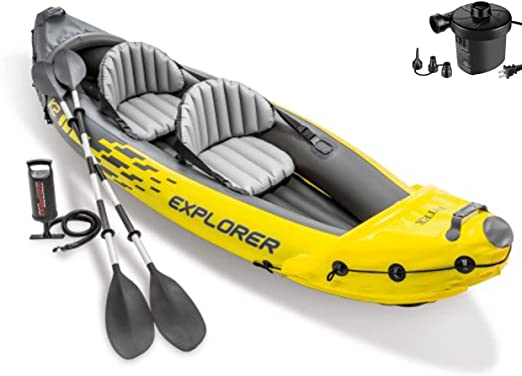 Explorer K2 Kayak, 2-Person Inflatable Kayak Set with Aluminum Oars, Manual and Electric Pumps…