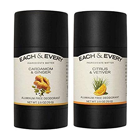 Each & Every 2-Pack, Natural Aluminum-Free Deodorant for Sensitive Skin Made with Essential Oils, Plant-Based Packaging, 2.5 Oz.(Cardamom & Ginger, Citrus & Vetiver)