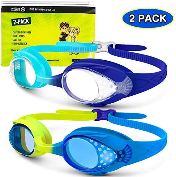 OutdoorMaster Kids Swim Goggles 2 Pack - Quick Adjustable Strap Swimming Goggles with Clear/Tinted Lens 3D SNUG Fit Anti-Fog Waterproof 100% UV Protection for Child Teens Toddler Age (3-16)