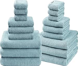 SEMAXE 18 Pack 100% Cotton Bath Towel Set, 6 Bath Towels, 6 Hand Towels, 6 Wash Cloths, Bathroom Towels with Hanging Loops, Hotel Spa Quality Absorbent Towel, Blue