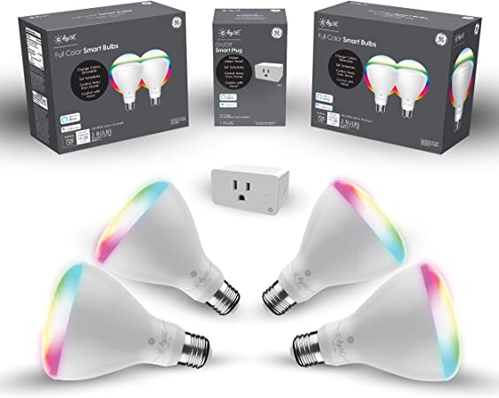 C by GE Smart Bundle Pack with 4 Smart Bulbs and Smart Plug (4 LED BR30 Full Color Bulbs   On/Off Smart Plug), Works with Alexa and Google Assistant, WiFi Enabled