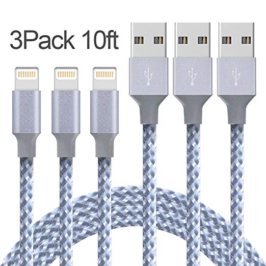 iPhone Charger, Mfi Certified Lightning Cables 3Pack 10Ft to USB Syncing Data and Nylon Braided Cord Charger for iPhone XS/Max/XR/X/8/8Plus/7/7Plus/6S/Plus/SE/iPad and More