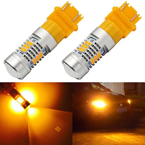 ENDPAGE 3157 3156 3057 3056 LED Bulb 2-pack, Amber Yellow, Extremely Bright, 21-SMD with Projector Lens, 12-24V, Works as Turn Signal Blinker Lights