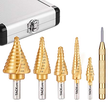 TACKLIFE Step Drill, PSD4 Titanium Coated Spiral Grooved Pagoda Drilling, Automatic Center Punch, Carbide Tipped Bit, Laser Marking, X-Shaped Mouth, Aluminum Case Included