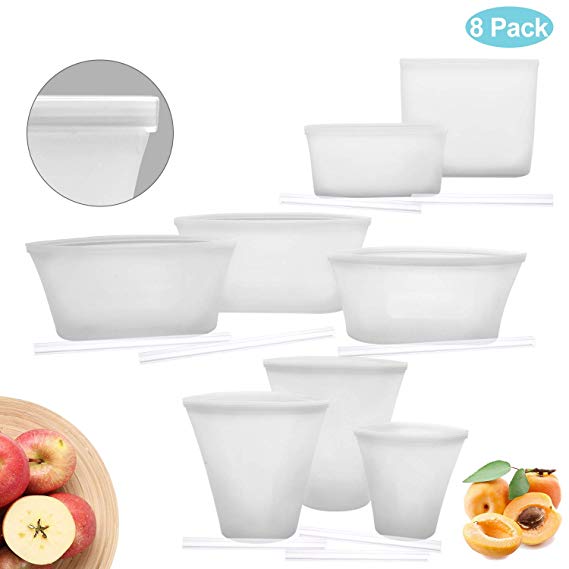 8 Pcs Reusable Silicone Food Containers (3 dishes  3 cups   2 bags) Stand Up Stay food storage bags - Baby Food Prep, Sous Vide, Microwave, Dishwasher & Freezer Safe (White)