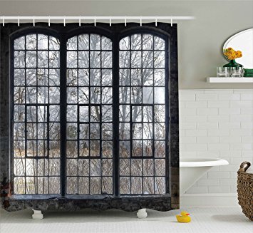 Ambesonne Industrial Decor Collection, Old Large Window with Broken Panes in a Deserted Hall near Forest Trees Winter Time Style, Polyester Fabric Bathroom Shower Curtain Set with Hooks, Grey