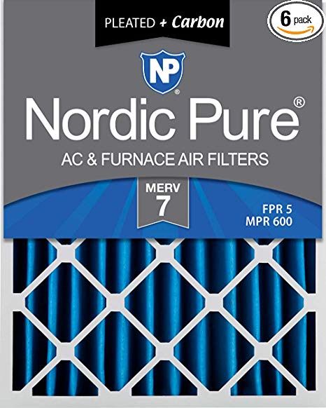 Nordic Pure 20x25x4 (3-5/8 Actual Depth) MERV 7 Plus Carbon AC Furnace Air Filter, Box of 6