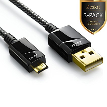 [3-Pack 10ft] Zeskit Gold Plated | Quick Charge Supported | Nylon Braided Micro USB Charging and Sync Cable - Durable Anti-Scratches Housing - for Samsung Moto HTC Nexus Android Smartphones and More