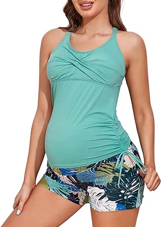 MiYang Maternity Tankini Swimsuit Criss Cross Back Bathing Suit Ruched Tie Side Pregnancy Swimwear Two Piece