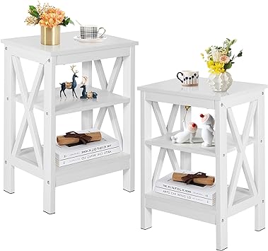 VECELO Modern Side Nightstand with 3-Layer Storage Shelf for Small Spaces, Living Room, Bedroom, Farmhouse Easy Assembly, 2 Sets End Tables, White（2 Sets）