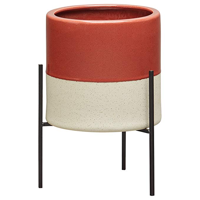 Rivet Mid-Century Ceramic Planter with Stand, 14"H, Salmon