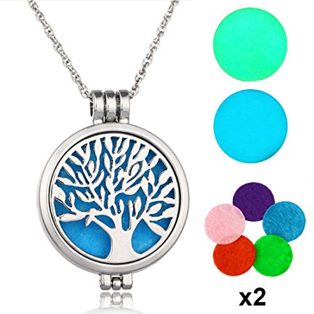Wish House Tree of Life Necklace Aromatherapy Essential Oil Diffuser Necklace, Hypoallegenic Stainless Steel Locket with 24" Chain 12 Refill Pads