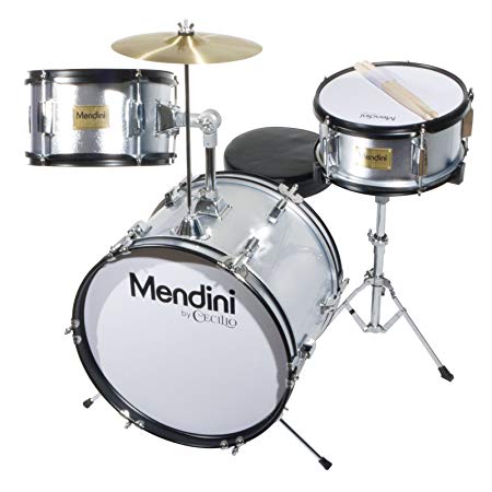 Mendini by Cecilio 16 inch 3-Piece Kids/Junior Drum Set with Adjustable Throne, Cymbal, Pedal & Drumsticks, Metallic Silver, MJDS-3-SR