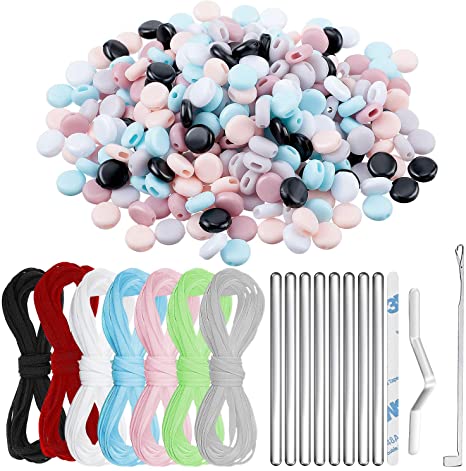 200 Pieces Colorful Silicone Cord Lock Elastic Flat Buckle 38 Yards Elastic 1/4 Inch and 100 Pieces Nose Bridge Strips Bundle, Crochet Needle for DIY Face Cover Handmade Craft Making Tools