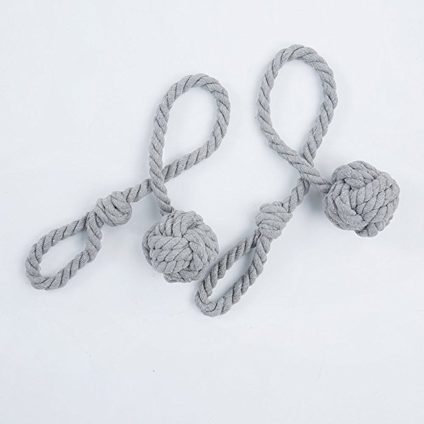ANJEE Hand Knitting Holdbacks for Blackout Curtains, Rustic Cotton Rope Tiebacks with Single Ball (One Pair, Grey)