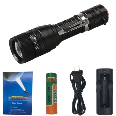 LED Tactical Flashlight SurLight 1100 Lumens Super Bright Waterproof CREE XML T6 LED Zoomable Flashlight Torch with 5 Modes for Camping Hiking EmergencyRechargeable 18650 Battery and Charger Included