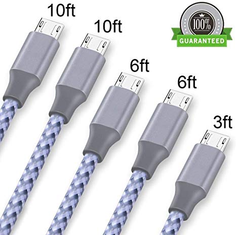 Micro USB Cable, 5Pack 3FT 2x6FT 10FT 10FT Nylon Braided High Speed 2.0 USB to Micro USB Charging Cables Android Fast Charger Cord for Galaxy S7 Edge/S6/S4/S5, Note 5/4, HTC, LG, Tablet