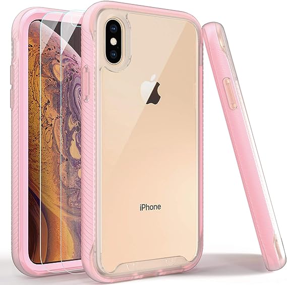 iPhone X Case, iPhone Xs Case with Tempered Glass Screen Protector [2 Pack], Rugged Shockproof Clear Multicolor Series Bumper Cover for Apple iPhone Xs/X-Matte Pink