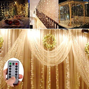 Battery Operated 300 LED Curtain String lights w/ Remote & Timer, Outdoor Curtain Icicle Wall Lights For Wedding Backdrops, Christmas, Holiday, Camping Decoration (9.8×9.8ft, Dimmable, Warm White)