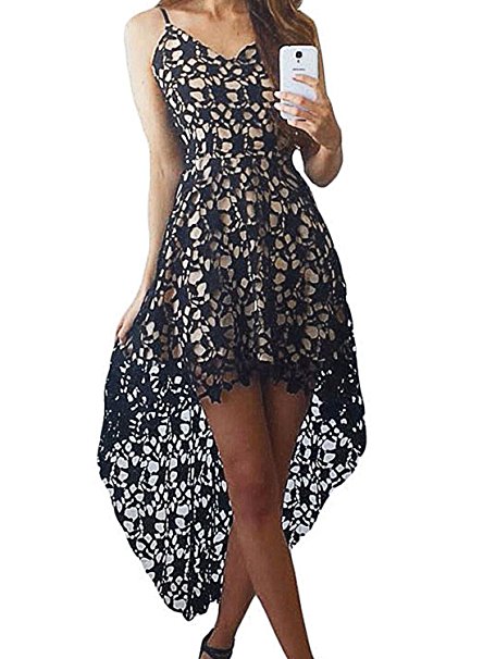 Alvaq Women's V Neck Sleeveless Lace Hollow High Low Party Dress