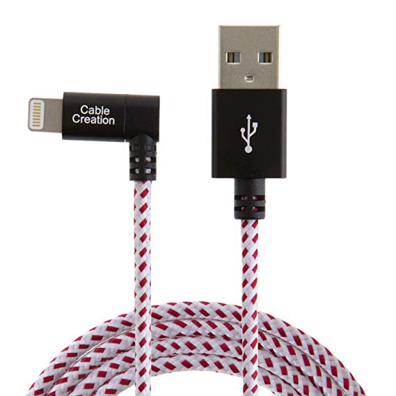 CableCreation Angled Lightning to USB Cable, 4FT Apple USB Data Sync Charge Cable for iPhone 6S/6, iPhone 5/5S/5C, Metal Plug & Cotton Jacket, Red & White Color