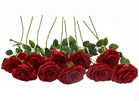 Kislohum Artificial Flowers Bulk Roses 10pcs Real Looking Fake Silk Roses for Wedding Bouquets Floral Leaf Centerpieces Party Home Decor Baby Shower -Dark Red