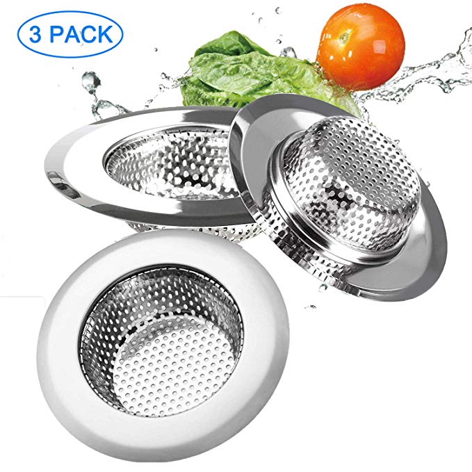Kitchen Sink Strainer, Stainless Steel Drain Filter Strainer with Large Wide Rim, 4.5" Diameter for Most Sink Drains, 3 Pack