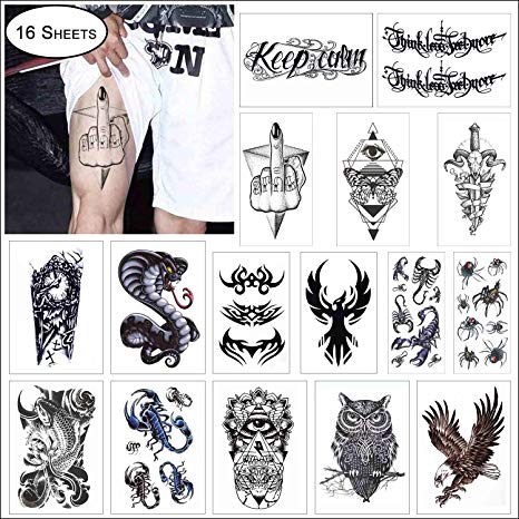 COKOHAPPY 16 Sheets Black Large Temporary Tattoo for Guys Man Arm Shoulder Tribal Symbols, Koi Fish, Eagle Hawks, Owl, Snake, Scorpion, Spider