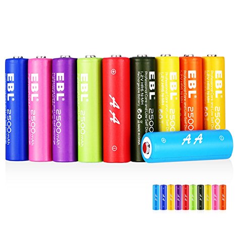 EBL AA Rechargeable Batteries 2500mAh Home Basic Combo Tropical Color 1200 Cycles, 10 Packs