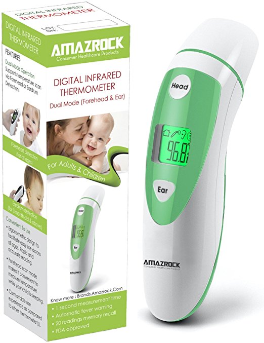 AMAZROCK Digital Infrared Thermometer Dual Mode (Forehead & Ear) - FDA Approved | 1-sec Instant Read For Baby, Infant, Toddler and Adults | Automatic FEVER Warning