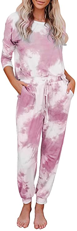 CANIKAT Women's Tie Dye Printed Long Sleeve Tops and Pants Long Pajamas Set Joggers PJ Sets Nightwear Loungewear