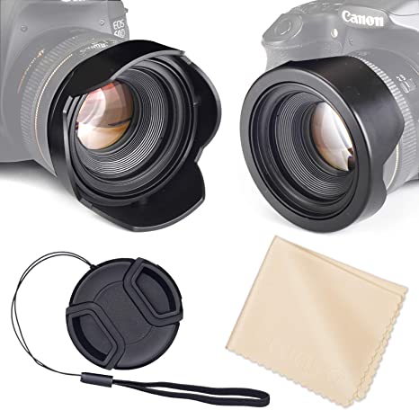 Reversible Flower Lens Hood for Canon Nikon Sony Reflex Cameras   Centre Pinch Lens Cap   Strap Holder   Microfibre Cleaning Cloth - Premium Quality