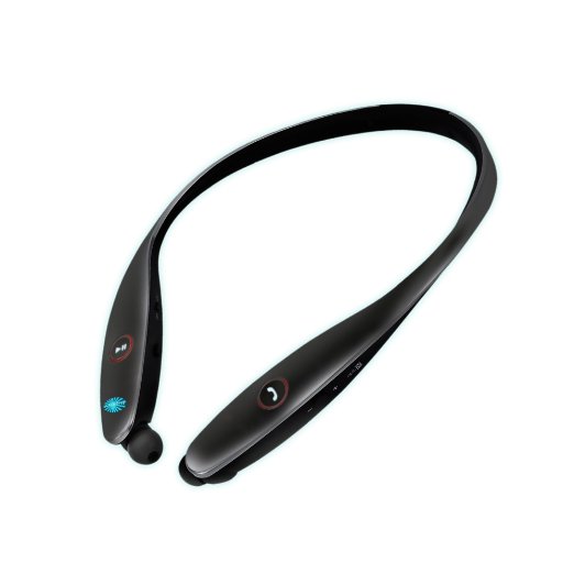 Premium Hi-Fi Stereo Headset Wireless Top-grade Bluetooth Sport Neckband-Style Headphones w/ Retractable Earbuds, LED Light, Built-in Mic (Blk)