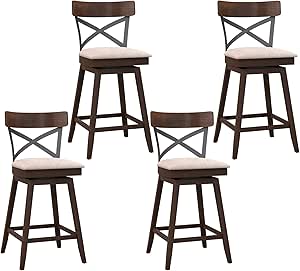 COSTWAY Bar Stool Set of 4, 25 Inch Swivel Ergonomic Counter Height Chairs with Cushioned Seat, Open X Back & Footrest, 4 PCS Wooden Barstools for Kitchen Island, Pub, Bistro, Café, Brown (4, 25 inch)