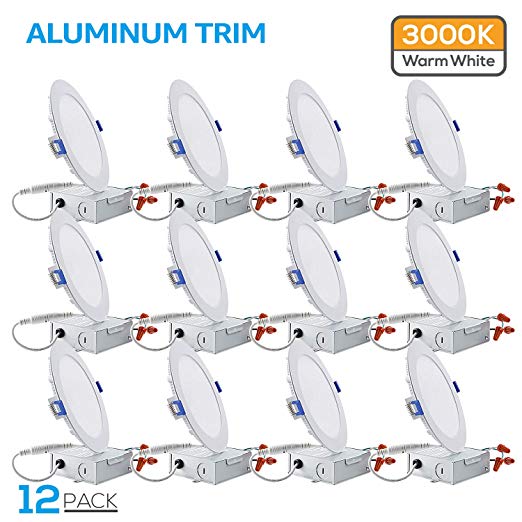 TORCHSTAR 12-Pack 12W 6" Ultra-Thin Recessed Ceiling Light with Junction Box, Dimmable Can-Killer Airtight Downlight, 850lm 100W Equivalent ETL-Listed and Energy Star Certified, 3000K Warm White